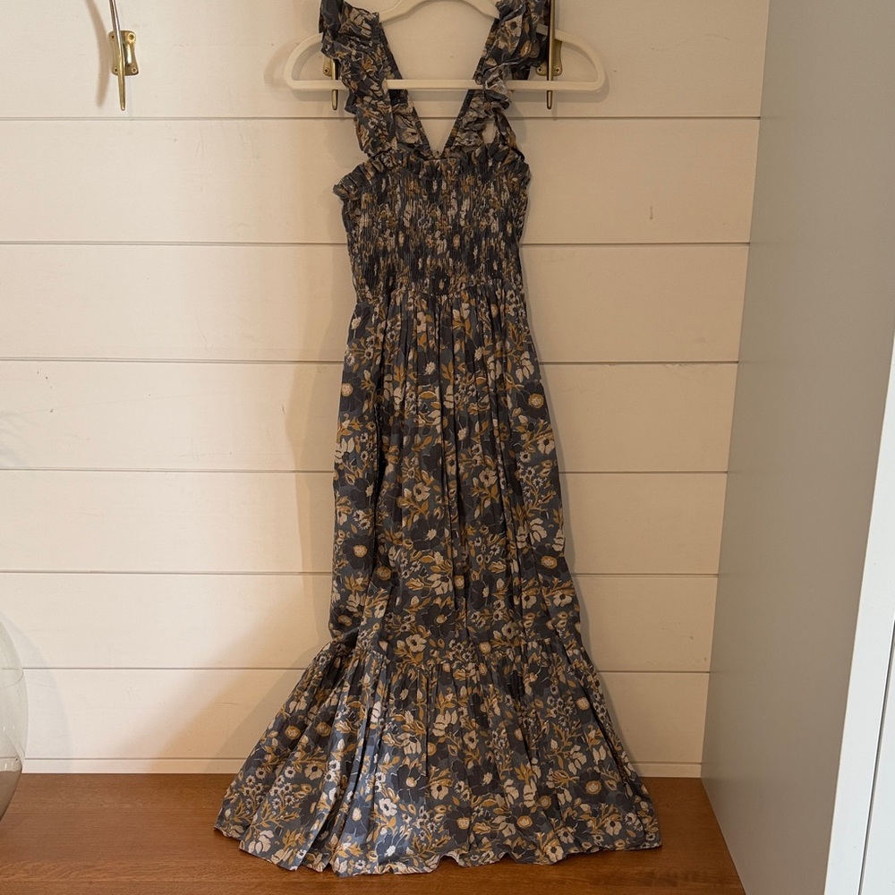 Marea by Liz Joy Smocked Maxi Dress in Navy and Mustard Floral